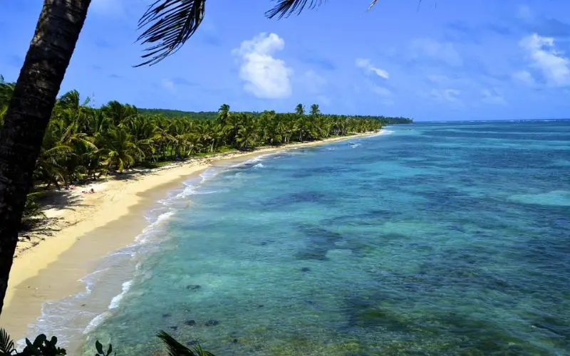 Sandy shore and turquoise waters of Little Corn Island.