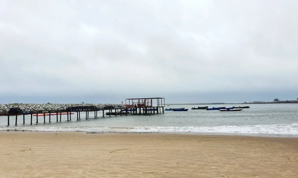 A sandy shore with a pier and boats floating on the water at Tarkwa Bay Beach.