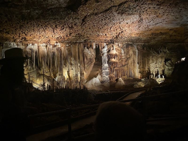 A stunning underground limestone cave at Blanchard Springs, with stalactites and stalagmites