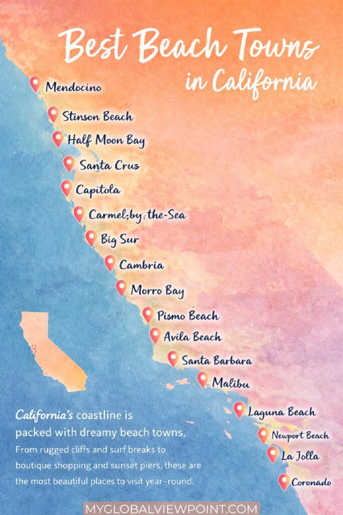 My pin showing a map of my favorite California beach towns
