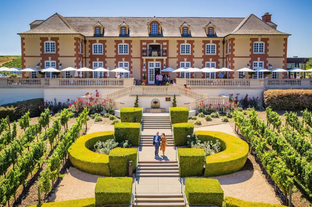 An aerial view of the grand chateau at Domaine Carneros