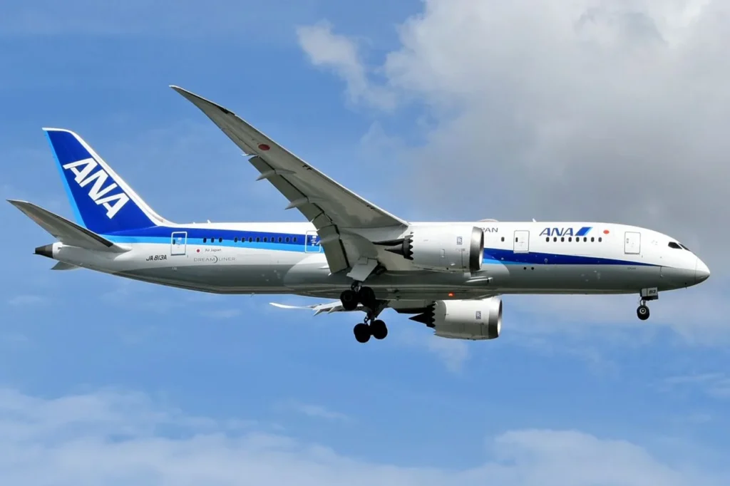 All Nippon Airways Boeing 787 Dreamliner airplane descending against a blue sky