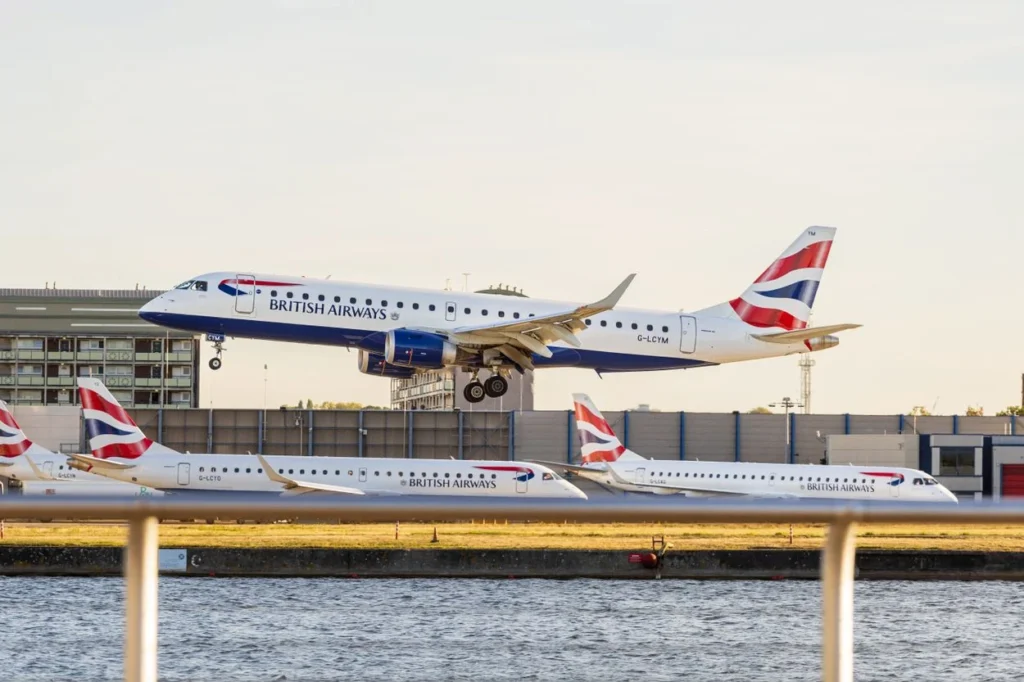 A British Airways BA Cityflyer Embraer 190 aircraft descending smoothly for a landing