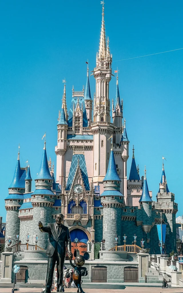 Cinderella Castle and Partners statue of Walt Disney and Mickey Mouse at Magic Kingdom