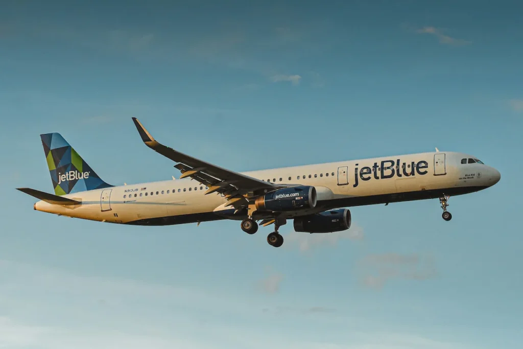 JetBlue Airbus A321 passenger airplane descending during landing approach