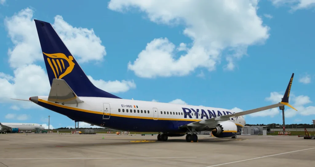 Ryanair Boeing 737 MAX 8-200 passenger aircraft parked stationary on an airport tarmac
