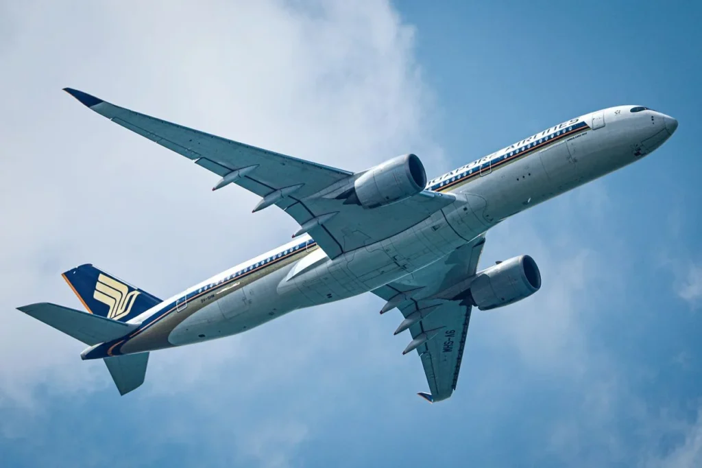 Singapore Airlines Airbus A350 passenger airplane viewed from below