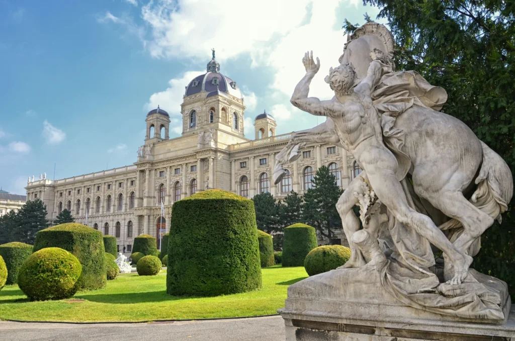 Classical marble centaur statue in front of Kunsthistorisches Museum building in Vienna