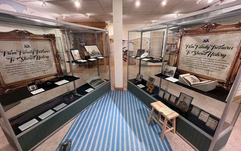 Historical exhibits and display cases inside Rehoboth Beach Museum.