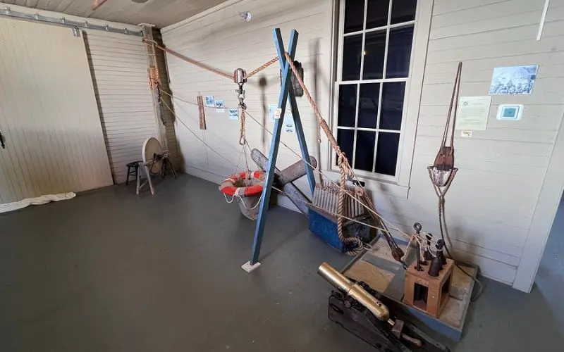 Historical rescue equipment display at Indian River Life-Saving Station.
