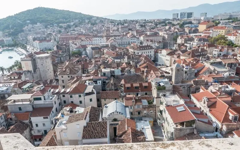 Rooftop view of the historic Varoš neighborhood with red-tiled houses in Split.