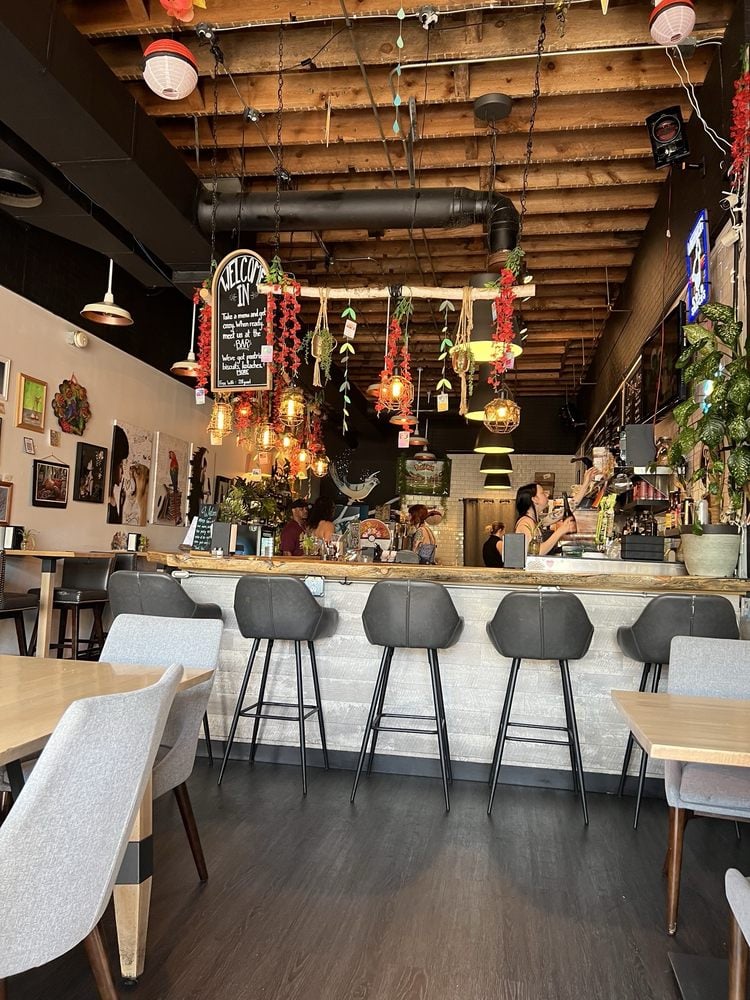 Cozy interior of Bird Tree Cafe featuring a wood-accented bar, eclectic decor, and hanging lights.