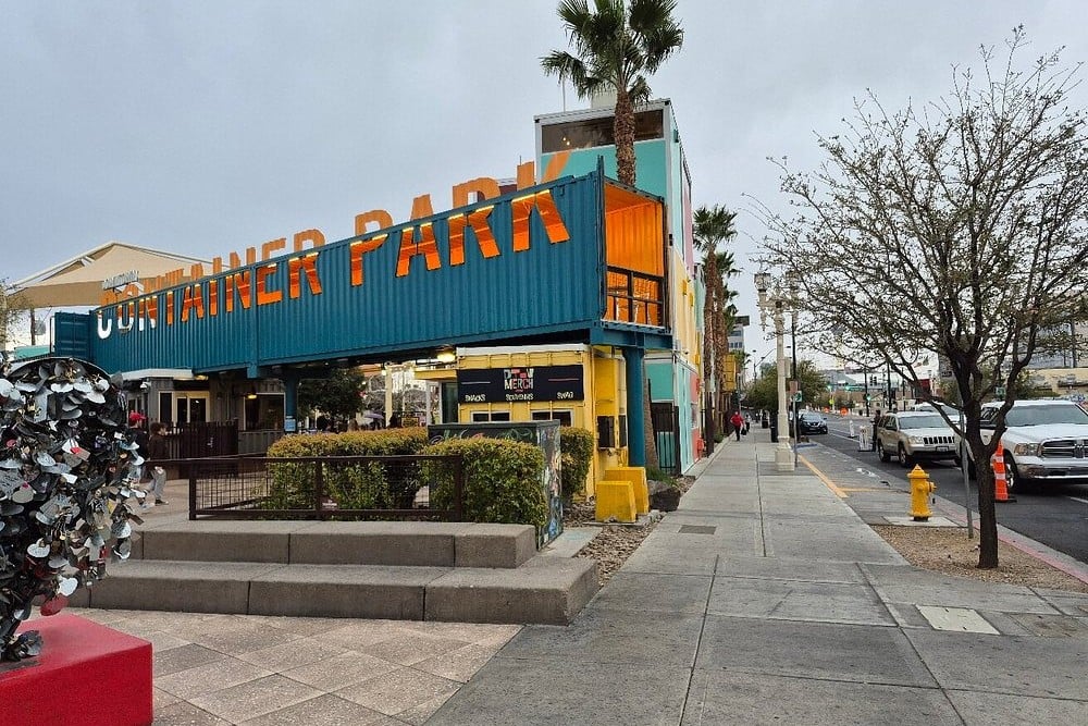 Downtown Container Park entrance made of colorful stacked shipping containers.