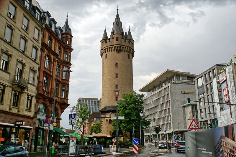 Gaze up in awe at the historic Eschenheim Tower, a Frankfurt landmark that stands the test of time