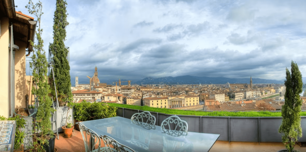 Outdoor dining terrace with a view