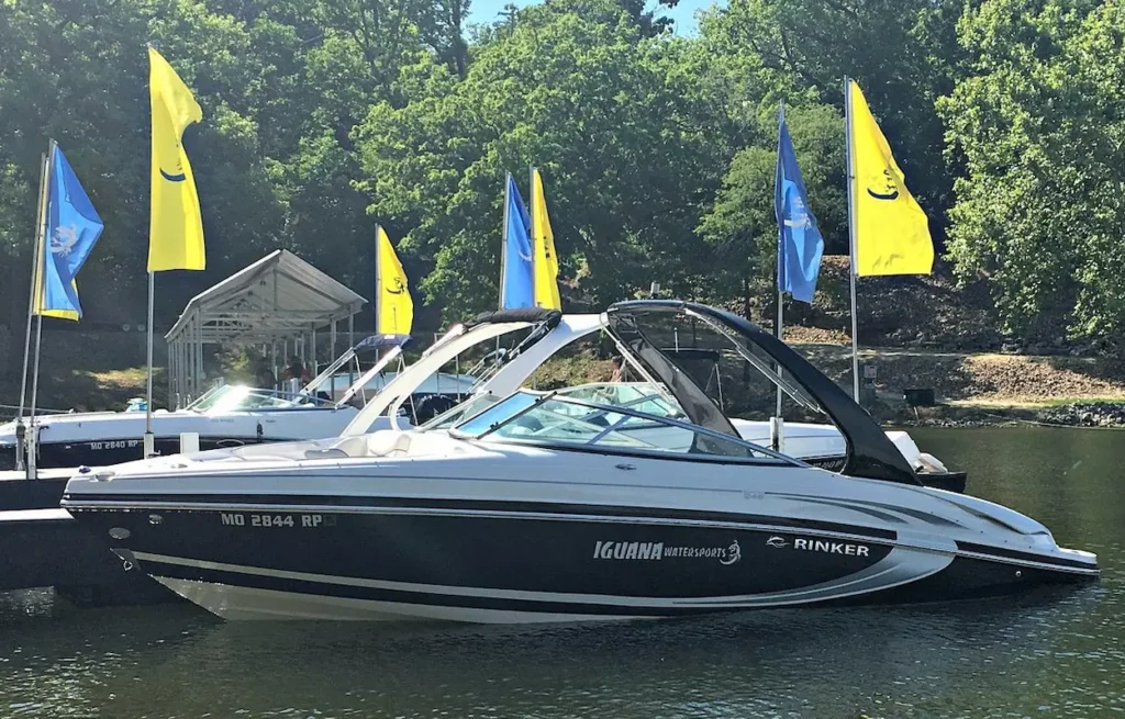 Speedboat sits docked at Lake of the Ozarks