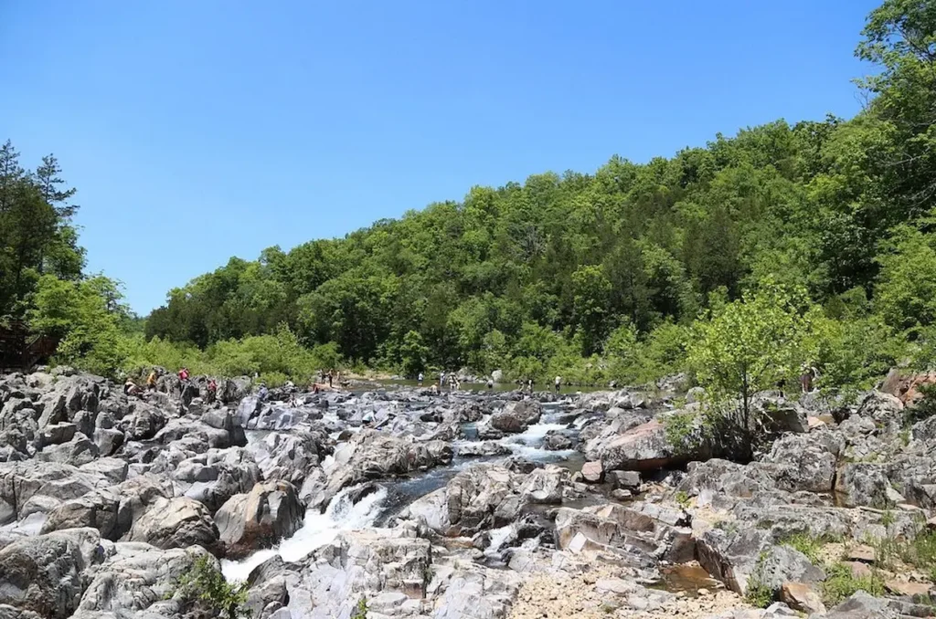 Water flows through the rocky cascades of the shut-ins at Johnson's Shut-Ins State Park