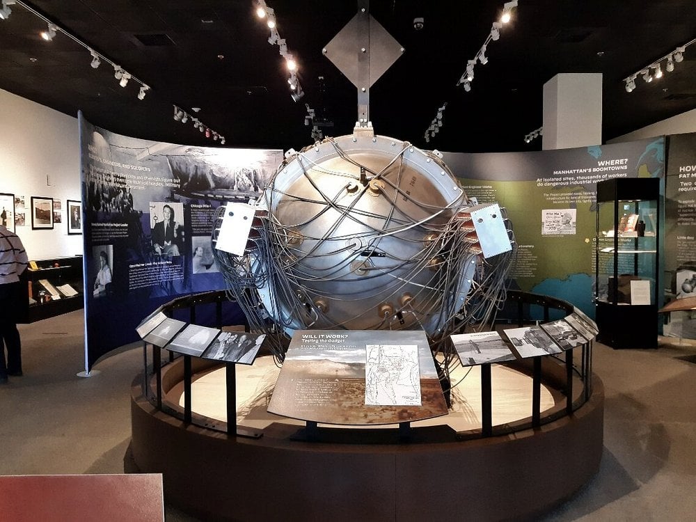 The Atomic Museum exhibit featuring a large replica of a nuclear bomb test device.