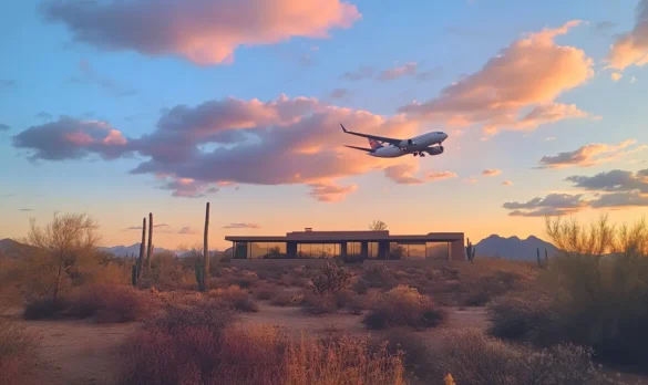 Airplane flying over desert in Phoenix