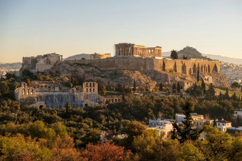 Parthenon temple on the Acropolis hill in Athens at sunrise