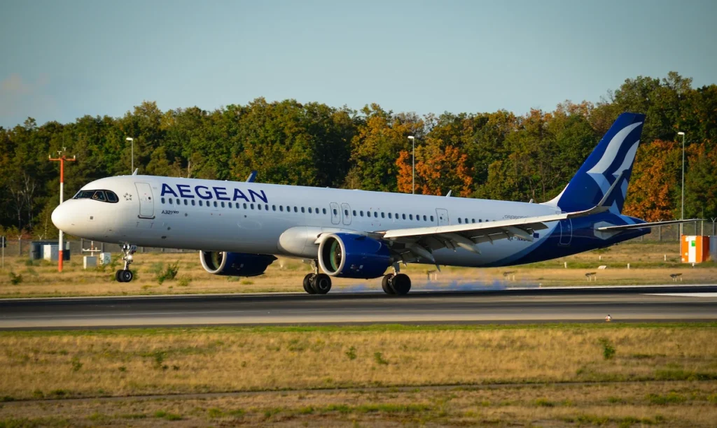 Aegean Airlines Airbus A321neo landing on a runway