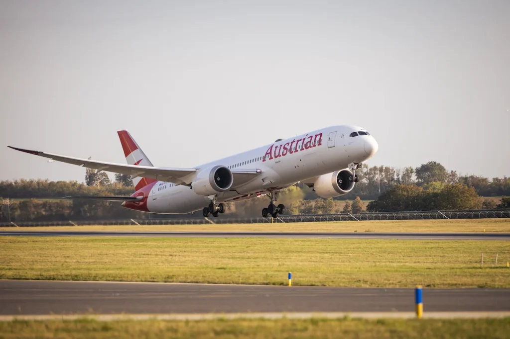 An Austrian Airlines Boeing 787-9 Dreamliner widebody passenger airplane
