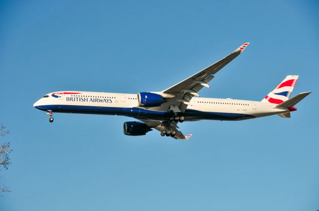 British Airways Airbus A350 passenger airplane with landing gear down