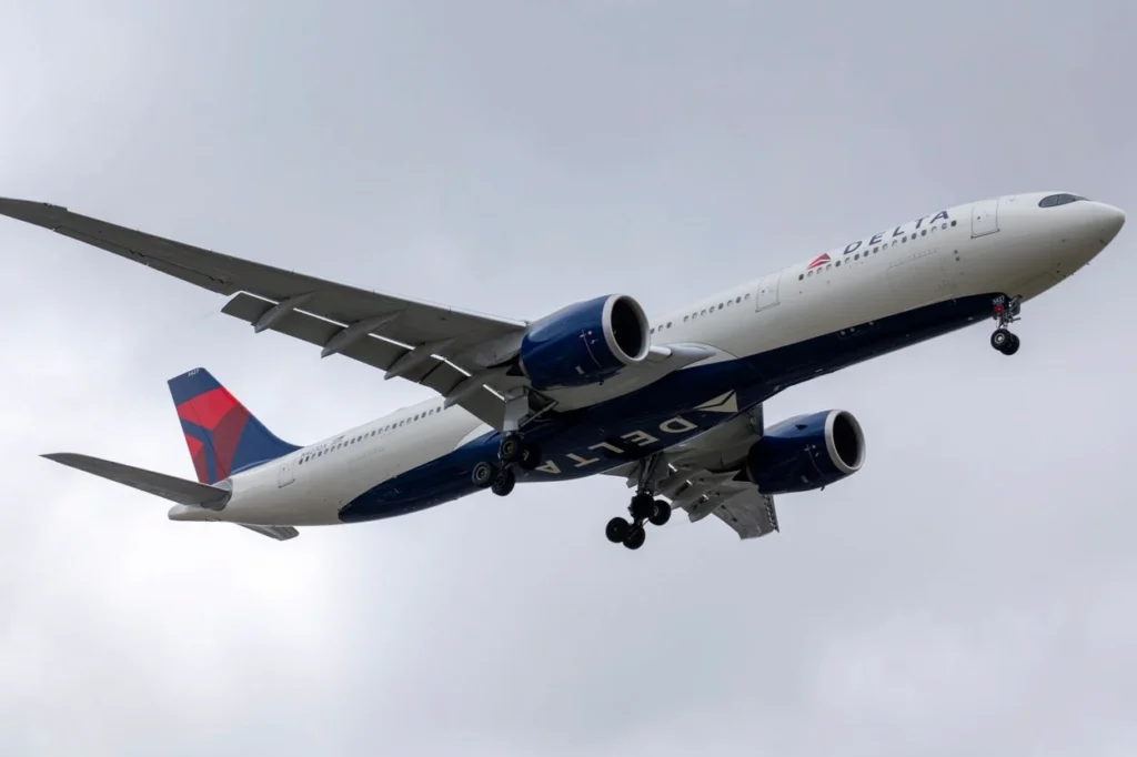 A Delta Air Lines Airbus A330-900neo passenger jetliner descending to land