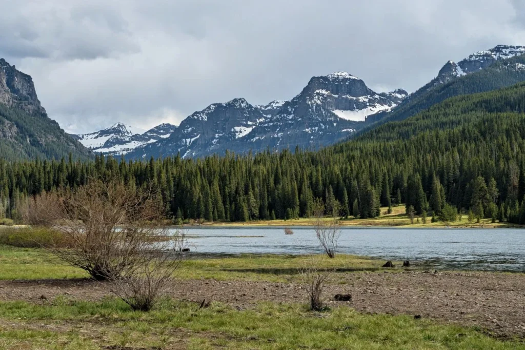 Hyalite Reservoir with dense pine forests and snow-covered mountains in Montana
