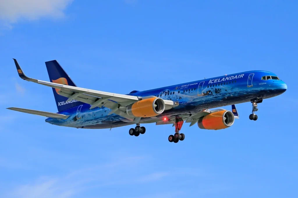 Icelandair Boeing 757-200 passenger airplane, adorned in the special blue and white "Vatnajökull" glacier livery