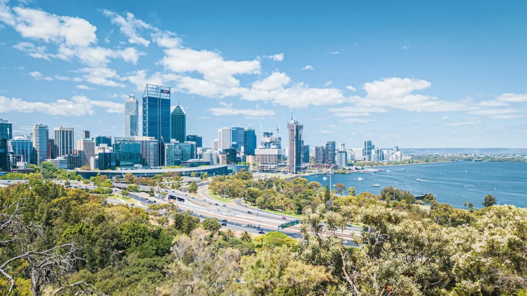 Perth city skyline and Swan River viewed from high vantage point at Kings Park on a sunny day