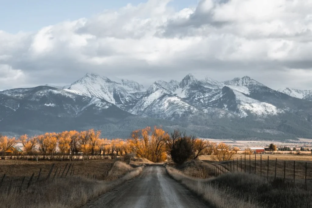 A dirt country road leading toward the snow-covered Mission Mountains with autumn trees in Montana