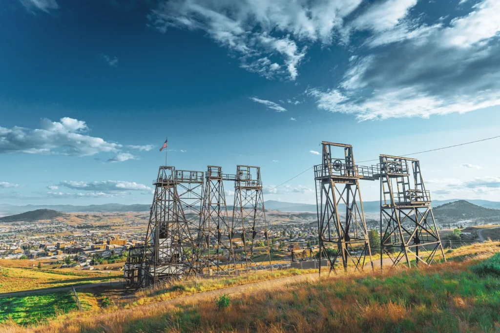 The historic steel headframe and idler towers of the Mountain Con Mine in Butte, Montana