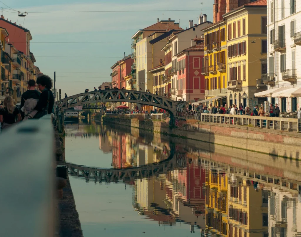 The Navigli Grande canal with colorful buildings in Milan