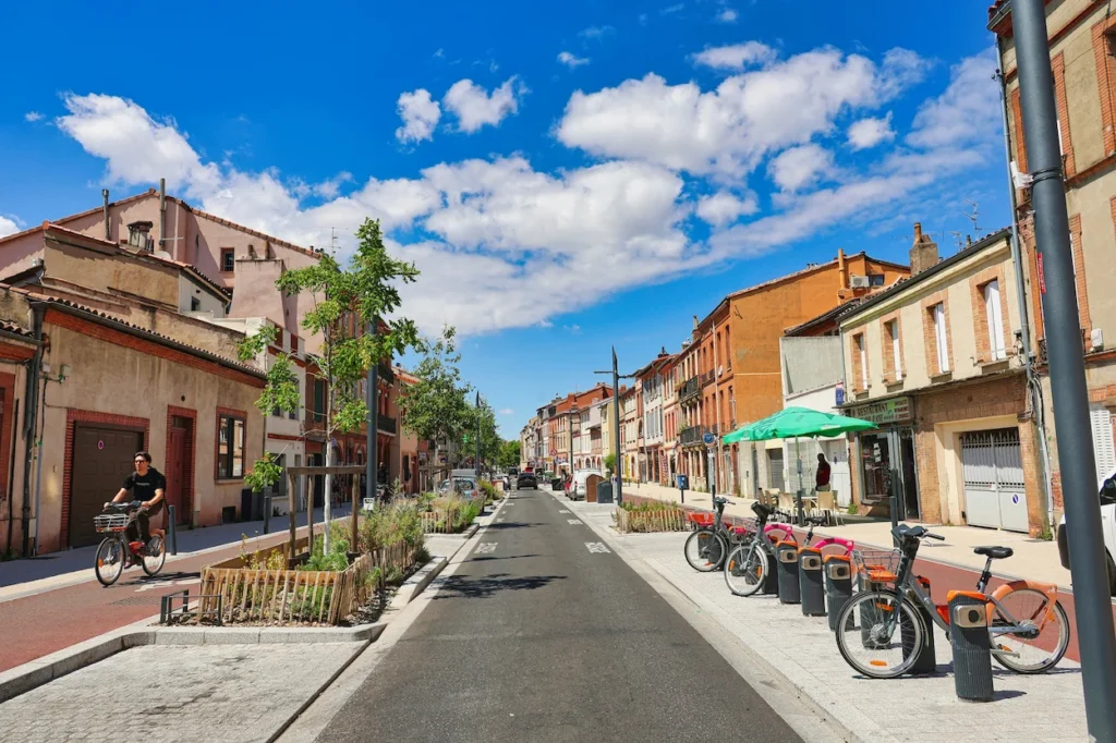 Grande Rue Saint-Michel in Toulouse, France featuring brick buildings and bike-share station