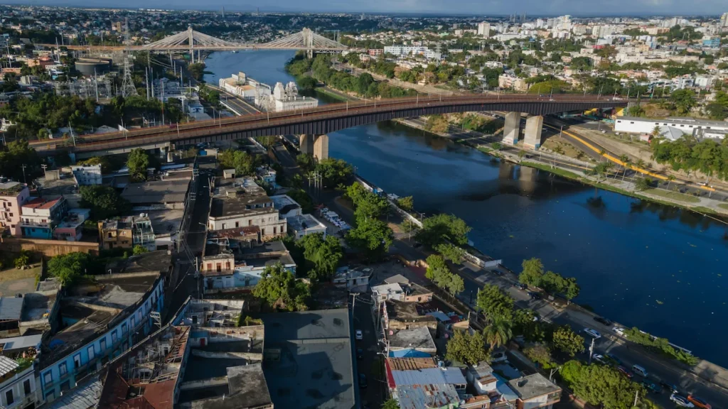 Aerial view of bridges spanning Rio Ozama in Santo Domingo
