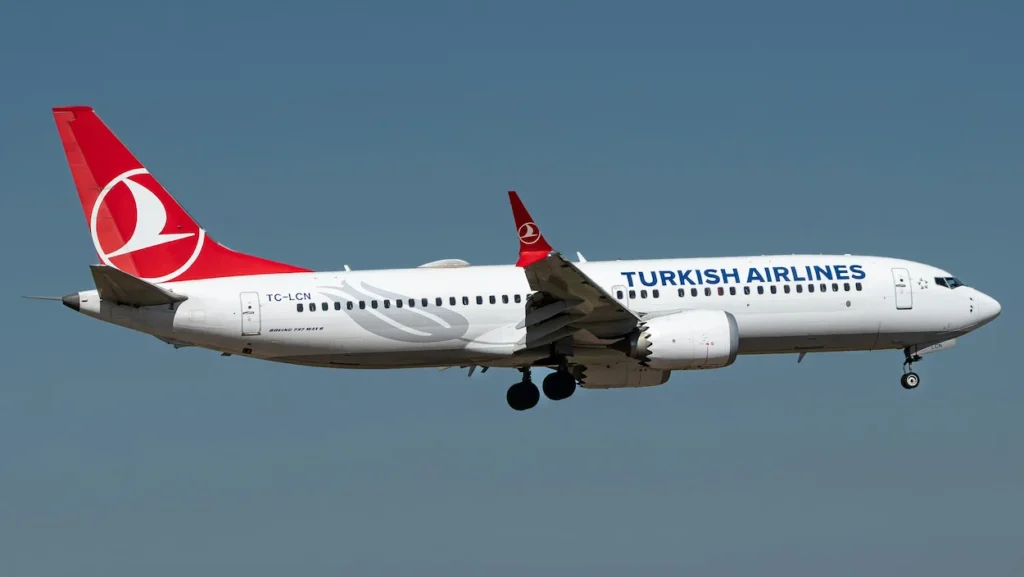 Turkish Airlines Boeing 737 MAX 8 aircraft descending on final approach with landing gear extended