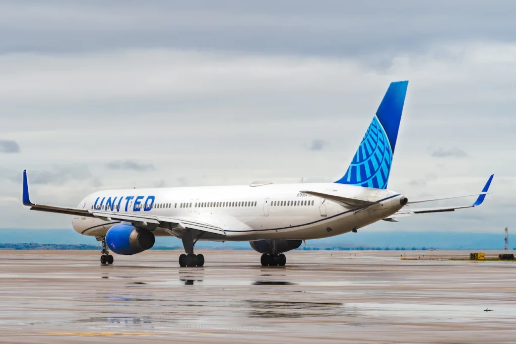 A side-angle rear view of a white United Airlines Boeing 757-200 passenger airplane