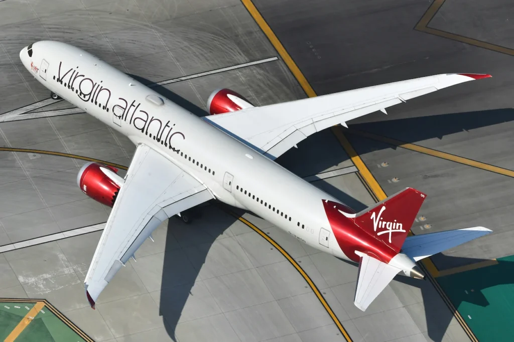 Aerial view of a Virgin Atlantic Boeing 787-9 Dreamliner taxiing on the tarmac