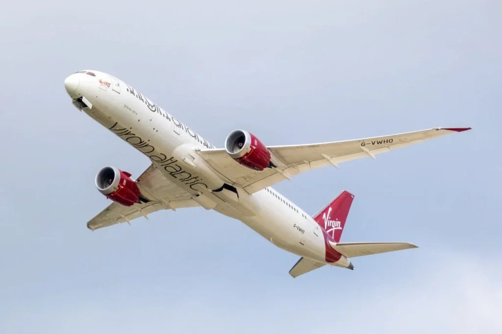 A Virgin Atlantic Boeing 787-9 Dreamliner passenger airplane banking right