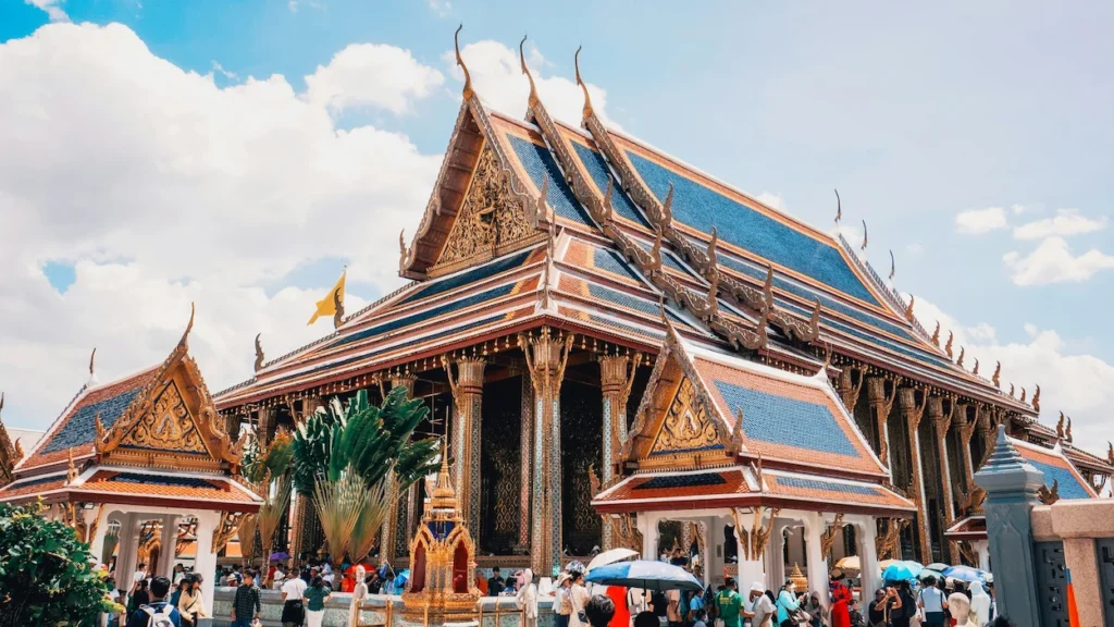 Blue-roofed Phra Ubosot temple building at Wat Phra Kaew in Bangkok, Thailand