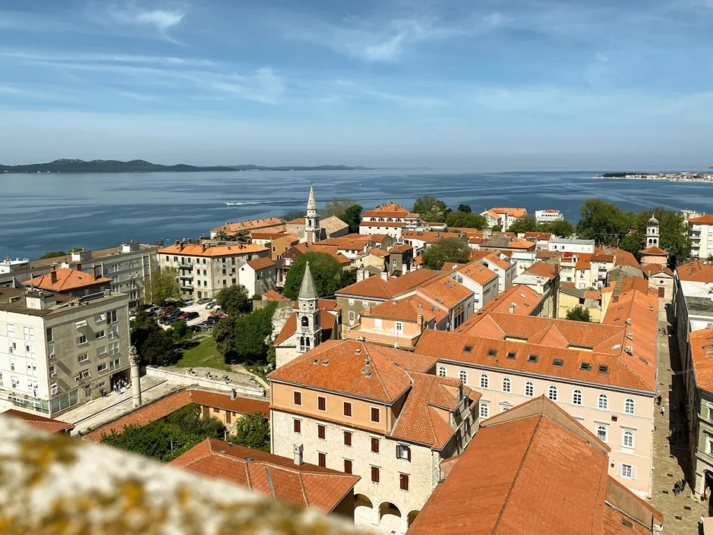 Zadar Old Town red rooftops and church towers overlooking the blue Adriatic Sea