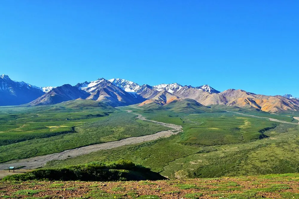 A gravel road leading toward snow-capped mountains in Denali National Park.