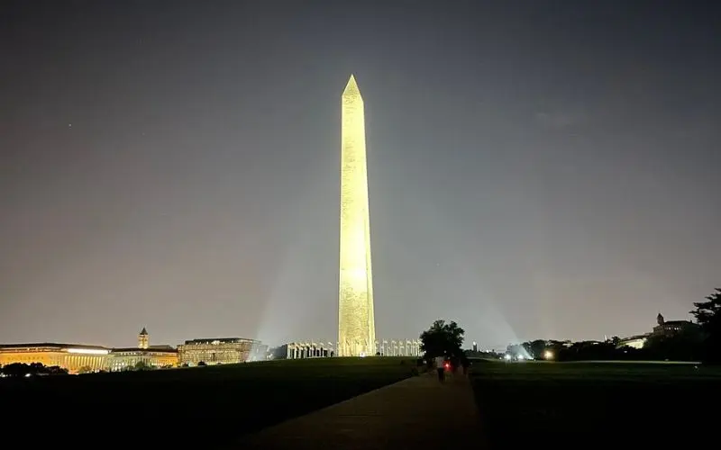 The Washington Monument lit up at night in Washington, DC.