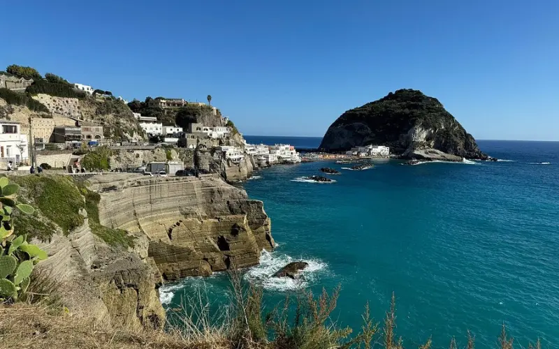 Rocky coastline and village with sea views at Sant’Angelo.