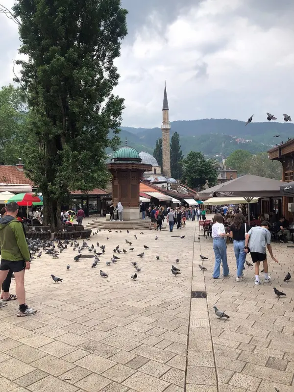 A lively square in Baščaršija with pigeons and people gathered around the iconic wooden Ottoman fountain.
