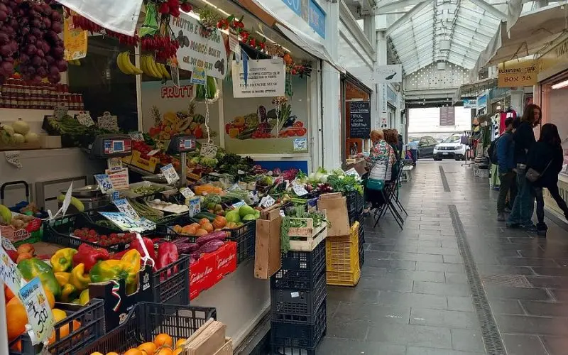 Testaccio Market in Rome, Italy with fresh fruits and vegetables.