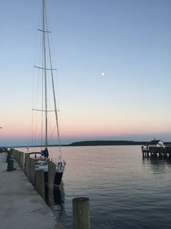 Boats are docked in the harbor at Mackinac Island Marina.