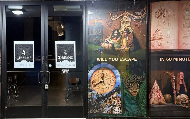 Posters and signs advertise the 4 Dreams Escape Game with the phrase “Will You Escape.”