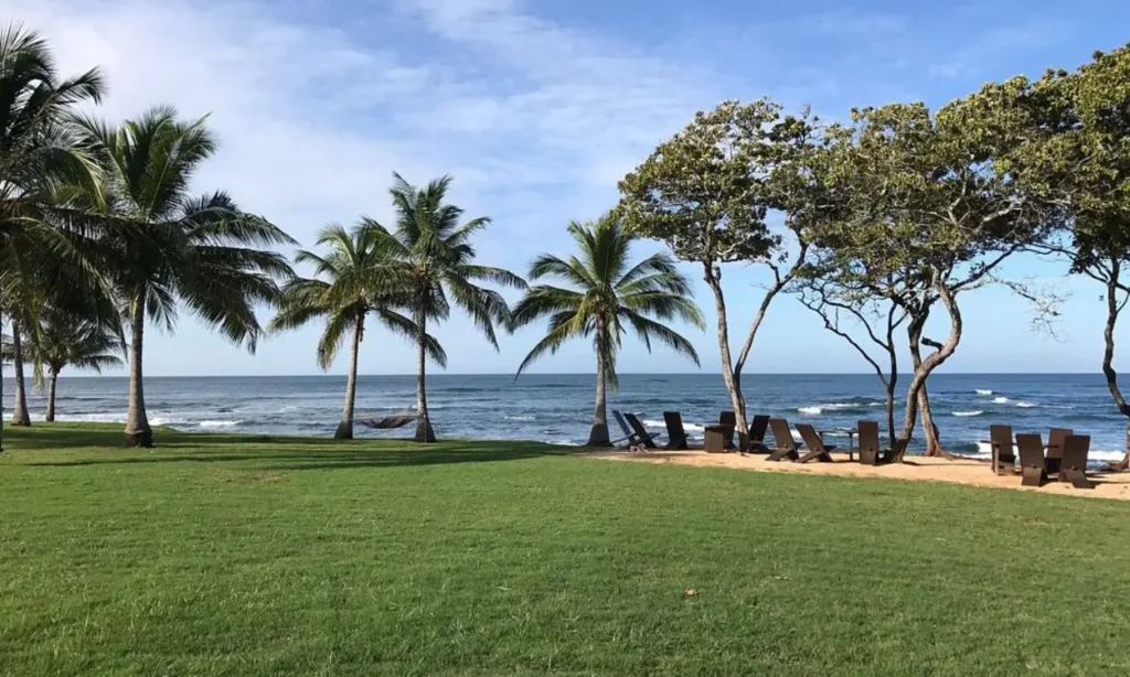 Palm trees, lounge chairs, and a hammock overlooking the ocean at Hacienda Pinilla Golf Course.